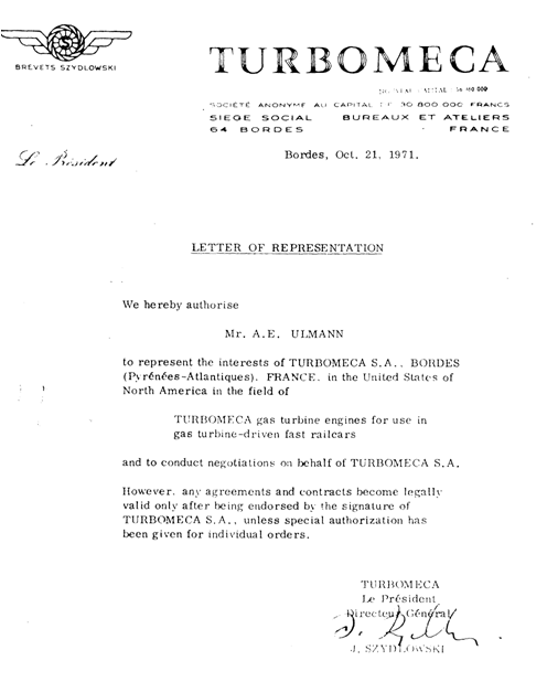 Letter From Turbomeca President J. Sydzlowski To A. E. Ulmann, President Allied International Appointing Him As Representative In The USA